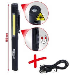 Id&eacute;ale pour les travaux sans prise de courant
LED COB extr&ecirc;mement puissante
LED UV spot haute puissance
3&nbsp;modes d&rsquo;&eacute;clairage&nbsp;: Bande COB, spot LED et &eacute;clairage spot UV
2&nbsp;intensit&eacute;s du flux lumineux&nbsp;: Bande COB 350&nbsp;lumens et &eacute;clairage spot 120&nbsp;lumens d&rsquo;intensit&eacute; lumineuse
Clip de ceinture pivotante &agrave; 120&deg;
Avec pointeur laser
Norme IP20 - protection contre les projections de liquides
Aimant&eacute;
Autonomie 3 heures
Port USB-C pour la charge
Avec affichage du niveau de charge
2 batteries Lithium-Ion de haute capacit&eacute;
Corps en aluminium
