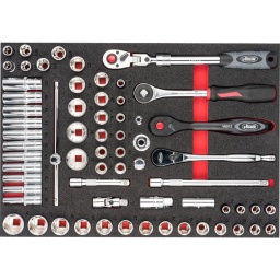 Module douille 1/2, 65 pièces
- Douille courte 6 pans : 10-11-12-13-14-15-16-17-18-19-20-21-22-24-27-30-32mm
- Douille longue : 10-11-12-13-14-15-16-17-18-19-22mm
- Torx femelle : e14-e16-e18-e20-e22-e24
- 4 cliquets 1/2 : 288mm-250mm-composite-tête inclinable
- Dimension 563x393mm