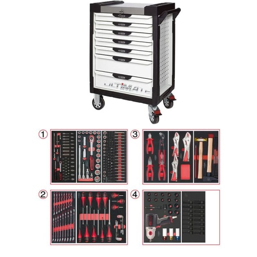 Servante Ultimate blanche 7 tiroirs avec composition 263 outils avec clé choc monster