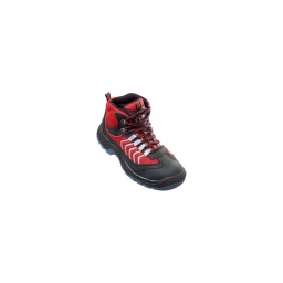 Chaussures de sécurité actinote hautes 
revetement cuir de buffle avec filet rouge
semelle double densite 
doublure non tissee et maille polyester
soufflet rembourré crazy horse et filet
col rembourre
