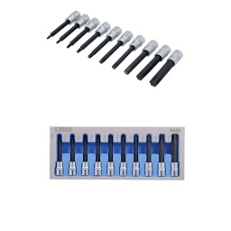 Jeu de douilles étoile* à carré de 3/8", de 92 mm de long, adaptées aux fixations TORX* difficiles à atteindre. 
Les embouts sont en acier S2 de qualité impact, les douilles à carré de 3/8" sont en acier au chrome-vanadium avec fini chromé mat et une bague moletée pour une meilleure prise, et le tout est fourni dans un plateau en mousse EVA pour un rangement sûr.

Embouts de douilles à carré de 3/8" : T20, T25, T27, T30, T40, T45, T50, T60 et T70.
Longueur totale : 92 mm. Longueur de tige : 62 mm.
Douilles en chrome-vanadium à fini satiné, embouts en acier S2 de qualité impact.
Présenté dans un plateau en mousse EVA (37 x 140 x 295 mm) pratique pour le rangement par l'utilisateur et limitant les déchets d'emballage.
Un jeu de douilles longues à 6 pans est également disponible, voir la référence 7163. *TORX® et TORX PLUS® sont des marques déposées d'Acument Intellectual Properties LLC