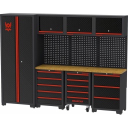 Mobilier d'atelier 13 tiroirs longueur 2550mm
Structure auto-port&eacute;e.Armoire haute &agrave; 2 portes livr&eacute;e mont&eacute;e :- profondeur = 470mm- largeur = 750mm- hauteur = 1920mm- 3 &eacute;tag&egrave;res
Meuble haut x3 : portes &agrave; v&eacute;rins &agrave; gaz.- profondeur = 310mm- largeur = 600mm- hauteur = 400mm
Meuble bas 5 tiroirs x1- profondeur = 410mm- largeur = 600mm- hauteur = 820mm
Meuble bas 3 tiroirs x1- profondeur = 410mm- largeur = 600mm- hauteur = 820mm
Servante d'atelier 5 tiroirs x1- dimensions : 530x410x800mm
Plan de travail droit L.1803x407 x1- longueur : 1803mm- largeur : 407mm- &eacute;paisseur : 38mm
Tiroirs mont&eacute;s sur glissi&egrave;res &agrave; billes.Pieds ajustables en hauteur.Panneau perfor&eacute; - t&ocirc;le acier &eacute;p.0,7mm.