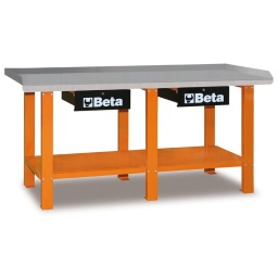 Etabli de travail beta - plan de travail en tôle galvanisée avec bord perimetral - structure en acier avec 6 pieds de support - capacité de charge statique : 1,2 tonnes - ajout possible de la paroi porte-outils c57p. non fixable au plan de travail. - deux tiroirs avec serrure. - prevu pour la fixation au sol - plateau: 2000x640mm - qualité premium beta depuis 1939