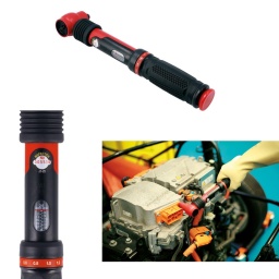 Clé dynamométrique à cliquet à carré de 3/8", entièrement isolée, d'une longueur de 310 mm, avec une plage de valeurs de couple de 5 à 25 N.m. 
Fabriquée selon la norme CEI 60900 pour un travail sous tension de 1 000 V CA/1 500 V CC, idéale pour une utilisation sur les véhicules hybrides et électriques. 
Elle est dotée d'une échelle facile à lire et se règle par incréments de 0,5 N.m en tirant sur la bague située à la base de la poignée.

Plage : 5 - 25 N.m par incréments de 0,5 N.m ; tolérance ±4 %.
Carré de 3/8" x 310 mm de long.
Utilisation en toute sécurité pour l’opérateur à des tensions allant jusqu'à 1 000 V CA/1 500 V CC (agréé VDE/CEI 60900:2018).
Fourni dans un coffret de rangement moulé par soufflage. Toutes les clés dynamométriques Laser (mécaniques et numériques) sont fournies avec un certificat de conformité et d'étalonnage produit au point de fabrication, conformément à la norme ISO 6789-1:2017.
Une clé de plus grande taille est également disponible, voir la référence 8775 (plage de 20 à 100 N.m).