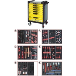 Servante d'atelier 7 tiroirs Ultimate
- Composition 231 outils pour mécanicien automobile
Tiroir 1 : Douille 1/4 - douille 1/2 - clé cliquet réversible
Tiroir 2: pinces, martellerie, clés pipes
Tiroir 3: clé à choc monster 1708Nm + douilles chocs 6 pans, allen, torx
Tiroir 4: clés mixte, clés demi lune
Tiroir 5: tournevis plats, cruciformes, torx, jeux clé allen et torx
Tiroir 6: clé dynamométrique 20-200Nm + essentiel démontage pneus (tire valve, démonte obus, démonte pneus...)
la servante d'atelier kstools. série ultimate. est le modèle de desserte d'atelier. le plus haut de gamme  de la marque. ks tools. 
les tiroirs de la servante d'atelier ultimate, possedent un système de glissière à roulements à billes (résistance 45kg). Equipé du système "one by one"., ouverture d'un seul tiroir a la fois, vous pouvez deplacer votre servante d'atelier sans forcement l'a fermer a clé !
Les tiroirs de cette servante ont une grande capacité. 40cm de profondeur par 57cm de largeur, tout les tiroirs de cette servante d'atelier sont fournis avec un tapis mousse, a installer au fond. 
Le plan de travail des servantes d'atelier Ultimate est recouvert d'un plateau inox et de boitier "range visserie" sur les cotés,
Au niveau du chassis, les pans de cette servante d'atelier sont perfores, se qui vous permet l'instalation de nombreuses options. tel que. un dérouleur de papier, des crochets de fixations...
Cette gamme  de servante d'atelier repond parfaitement au rangement pour le mécanicien, carrossier, mais aussi pour les métiers de l'industrie (rangement d'outils de tours / fraiseuse...) ainsi que des domaines tel que le medical. l'aéronotique...
- construction a pans coupés renforçant la structure du bati
- système "one by one" antibasculement 
- panneau lateral déporté et pré-percé pour fixation de crochet et accessoires
- 2 roues fixes grand diamètre pour une meilleure stabilite et un déplacement aise sur tous types de sols
- 2 roues pivotantes avec système de freinage total
- plan de travail avec rangements et recouvert inox
- tiroirs sur glissieres à billes extra-resistant (45 kg par tiroir)
- tiroirs à ouverture totale
- fermeture totale et simultanee des tiroirs par serrure 
- poignée tubulaire de manutention
- finition "Ultimate"
Module 54 pièces douilles et accessoires 1/4’’ KS TOOLS   Référence: 713.1020                     
Chrome vanadium de haute qualité garantie à vie*.
- Cliquet réversible 72 dents
- 1x Poignée emmanchée 1/4’’
- 2x Rallonges 1/4’’ : L. 50 mm et L. 100 mm
- 1x Rallonge flexible : L. 150 mm
- 1x Poignée coulissante T : L. 115 mm
- 1x Cardan universel 1/4"
- 13x Douilles 1/4’’ : 4 - 4,5 - 5 - 5,5 - 6 - 7 - 8 - 9 - 10 - 11 - 12 - 13 - 14 mm
- 8x Douille longue 1/4" : 6 - 7 - 8 - 9 - 10 - 11 - 12 - 13
- 1x Porte embout 1/4" 
- 3x Embouts de vissage Fente 4 - 5,5 - 8 mm 
- 3x Embouts de vissage PHILLIPS® PH 1 - PH 2 - PH3 
- 2x Embouts de vissage POZIDRIV® PZ 1 - PZ 2 
- 6x Embouts de vissage 6 pans : 3 - 4 - 5 - 6 - 7 - 8  mm
- 7x Embouts de vissage TORX® profil E T10 - T15 - T20 - T25 - T27 - T30 - T40
​- 4x Embouts de vissage 12 pans : M4 - M5 - M6 - M8 
Module de douilles et accessoires ULTIMATE 1/2'' , 24 pièces KS TOOLS  Référence : 713.1024   
- 1 x Cliquet réversible 72 dents
- 2 x Rallonges : 125 - 250 mm
- 1 x Cardan universel 1/2"
- 1 x Bague coulissante 3/8" x 1/2"
- 17 x Douilles : 10 - 11 - 12 - 13 - 14 - 15 - 16 - 17 - 18 - 19 - 20 - 21 - 22 - 24 - 27 - 30 - 32 mm
- 2 x Douilles longues : 16 - 21 mm
Module de clés mixtes à cliquet réversible GEARplus avec adaptateurs, 16 pièces KS TOOLS  Référence : 713.2027     
- 12 x Clés mixtes : 8 - 9 - 10 - 11 - 12 - 13 - 14 - 15 - 16 - 17 - 18 - 19 mm
- 1 x Adaptateur pour embout de vissage : 1/4"
- 3 x Adaptateurs à verrouillage pour douilles : 1/4" - 3/8" - 1/2"
Module de clés mixtes ULTIMATE, 17 pièces KS TOOLS Référence : 713.2017    
Composition : 
- 17 x Clés mixtes : 6 - 7 - 8 - 9 - 10 - 11 - 12 - 13 - 14 - 15 - 16 - 17 - 18 - 19 - 20 - 21 - 22 mm
Module de clés mixtes ULTIMATE, 5 pièces KS TOOLS  Référence : 713.2015   
- 5 x Clés mixtes : 24 - 27 - 29 - 30 - 32 mm
Module de clés polygonales demi-lunes, 5 pièces KS TOOLS  Référence : 783.2005   
- 5 x Clés polygonales demi-lune : 10x12 - 11x13 - 14x17 - 16x18 - 19x22 mm
Module de pinces, 4 pièces KS TOOLS   Référence : 713.4014   
- 1 x Pince coupante diagonale : L. 160 mm
- 1 x Pince universelle : L. 180 mm
- 1 x Pince à bec demi-rond : L. 200 mm
- 1 x Pince multiprises à verrouillage : L. 250 mm
Module d'outils de frappe manche bois, 9 pièces KS TOOLS   Référence : 713.1101   
- 1 x Burin de carossier extra-plat : 250 mm
- 6 x Chasse goupilles brunis : 3 - 4 - 5 - 6 - 10 mm
- 1 x Marteau rivoir : 600g
- 1 x Maillet à embouts plastique interchangeables : 340g
Module de clés à pipe débouchées - 6 pans, 11 pièces KS TOOLS   Référence : 713.2011   
- 11 x Clés à pipe débouchées : 8 - 10 - 11 - 12 - 13 - 14 - 15 - 16 - 17 - 18 - 19 mm 
Module de vissage, 28 pièces KS TOOLS  Référence : 712.5028   
- 1 x Tournevis ULTIMATE tom pouce Fente : 6,5 mm
- 3 x Tournevis ULTIMATE Fente : 3,5 - 5,5 - 8 mm
- 1 x Tournevis ULTIMATE tom pouce PHILLIPS : PH2
- 3 x Tournevis ULTIMATE PHILLIPS : PH1 - PH2 - PH3
- 1 x Tournevis ULTIMATE tom pouce PROZIDRIV : PZ2
- 3 x Tournevis ULTIMATE POZIDRIV : PZ1 - PZ2 - PZ3
- 1 x Jeu de clés mâles 6 pans à tête sphérique longues : 2 - 2,5 - 3 - 4 - 5 - 6 - 8 - 10 mm
- 1 x Jeu de clés mâles TORX longues : T10 - T15 - T20 - T25 - T30 - T40 - T45 - T50
Module de tournevis ULTIMATE TORX, 6 pièces KS TOOLS  Référence : 713.5013 
- 6 x Tournevis ULTIMATE TORX : T10 - T15 - T20 - T25 - T30 - T40 
Module de douilles et clé à chocs pneumatique 1/2'', 20 pièces KS TOOLS  Référence: 712.1020   
- 1x Clé à chocs pneumatique 1/2’’ 1690Nm
- 14x douilles à choc : 12 - 13 - 14 - 15 - 16 - 17 - 18 - 19 - 21 - 22 - 24 - 27 - 30 - 32 mm
- 3x douilles à choc pour jante alu : 17 - 19 - 21 mm
- 1x rallonge à choc 1/2"
- 1x cardan à choc 125mm 
Module de douilles à chocs 1/2'', 16 pièces KS TOOLS  Référence: 713.1016   
- 8 x Douilles tournevis à choc TORX® 1/2’’: T30 - T40 - T45 - T50 - T55 - T60 - T70 - T80
- 8 x Douilles tournevis à choc 6 pans 1/2’’: 5 - 6 - 8 - 10 - 12 - 14 - 17 - 19 mm
- poids 57kg
- dimension hors tout : l678xl459xh859 (hauteur avec roues 1035mm 
- roue dia 125mm larg 50mm 