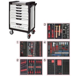 Servante d'atelier 7 tiroirs Ultimate
- Composition 283 outils
Tiroir 1 : Douille 1/4 - douille 1/2 - douille torx femelle et embouts 10mm torx, allen, xzn
Tiroir 2: clés mixtes, tournevis plat, cruciforme, torx
Tiroir 3:pinces, , martellerie, outil de vidange
Tiroir 4: module pneumaticien avec clé dynamon 20-200Nm
Trioir 5: douille choc 1/2 courte, longue, torx et 6 pans mâle
Servante d'atelier kstools. série ultimate. est le modèle de desserte d'atelier. le plus haut de gamme  de la marque. ks tools. 
les tiroirs de la servante d'atelier ultimate, possedent un système de glissière à roulements à billes (résistance 45kg). Equipé du système "one by one"., ouverture d'un seul tiroir a la fois, vous pouvez deplacer votre servante d'atelier sans forcement l'a fermer a clé !
Les tiroirs de cette servante ont une grande capacité. 40cm de profondeur par 57cm de largeur, tout les tiroirs de cette servante d'atelier sont fournis avec un tapis mousse, a installer au fond. 
Le plan de travail des servantes d'atelier Ultimate est recouvert d'un plateau inox et de boitier "range visserie" sur les cotés,
Au niveau du chassis, les pans de cette servante d'atelier sont perfores, se qui vous permet l'instalation de nombreuses options. tel que. un dérouleur de papier, des crochets de fixations...
Cette gamme  de servante d'atelier repond parfaitement au rangement pour le mécanicien, carrossier, mais aussi pour les métiers de l'industrie (rangement d'outils de tours / fraiseuse...) ainsi que des domaines tel que le medical. l'aéronotique...
- construction a pans coupés renforçant la structure du bati
- système "one by one" antibasculement 
- panneau lateral déporté et pré-percé pour fixation de crochet et accessoires
- 2 roues fixes grand diamètre pour une meilleure stabilite et un déplacement aise sur tous types de sols
- 2 roues pivotantes avec système de freinage total
- plan de travail avec rangements et recouvert inox
- tiroirs sur glissieres à billes extra-resistant (45 kg par tiroir)
- tiroirs à ouverture totale
- fermeture totale et simultanee des tiroirs par serrure 
- poignée tubulaire de manutention
- finition "Ultimate"
Composition :
Module 54 pièces douilles et accessoires 1/4’’ ref : 713.1020    
- Cliquet réversible 72 dents
- 1x Poignée emmanchée 1/4’’
- 2x Rallonges 1/4’’ : L. 50 mm et L. 100 mm
- 1x Rallonge flexible : L. 150 mm
- 1x Poignée coulissante T : L. 115 mm
- 1x Cardan universel 1/4"
- 13x Douilles 1/4’’ : 4 - 4,5 - 5 - 5,5 - 6 - 7 - 8 - 9 - 10 - 11 - 12 - 13 - 14 mm
- 8x Douille longue 1/4" : 6 - 7 - 8 - 9 - 10 - 11 - 12 - 13
- 1x Porte embout 1/4" 
- 3x Embouts de vissage Fente 4 - 5,5 - 8 mm 
- 3x Embouts de vissage PHILLIPS® PH 1 - PH 2 - PH3 
- 2x Embouts de vissage POZIDRIV® PZ 1 - PZ 2 
- 6x Embouts de vissage 6 pans : 3 - 4 - 5 - 6 - 7 - 8  mm
- 7x Embouts de vissage TORX® profil E T10 - T15 - T20 - T25 - T27 - T30 - T40
​- 4x Embouts de vissage 12 pans : M4 - M5 - M6 - M8
Module de douilles et accessoires ULTIMATE 1/2'' , 24 pièces ref : 713.1024 
- 1 x Cliquet réversible 72 dents
- 2 x Rallonges : 125 - 250 mm
- 1 x Cadran universel 1/2"
- 1 x Bague coulissante 3/8" x 1/2"
- 17 x Douilles : 10 - 11 - 12 - 13 - 14 - 15 - 16 - 17 - 18 - 19 - 20 - 21 - 22 - 24 - 27 - 30 - 32 mm
- 2 x Douilles longues : 16 - 21 mm
Module d'embouts de vissage et douilles TORX, 88 pièces ref : 713.5010 
- 5 x Douilles TORX 1/4" : E4 - E5 - E6 - E7 - E8
- 4 x Douilles TORX 3/8" : E10 - E11 - E12 - E14
- 3 x Douilles TORX 1/2" : E16 - E18 - E20
- 1 x Douille porte-embouts 1/4" x 1/4"
- 2 x Douilles porte-embouts : 3/8" - 10 mm et 1/2" - 10 mm
- 1 x Rallonge : 30 mm
- 3 x Embouts de vissage Fente : 25 mm x (5,5 - 6,5 - 8,0 mm)
- 3 x Embouts de vissage PHILLIPS : 25 mm x (PH1 - PH2 - PH3)
- 6 x Embouts de vissage PROZIDRIV : 25 mm x (PZ1 - 2 x PZ2 - 3 x PZ3)
- 3 x Embouts de vissage 6 pans : 25 mm x (4 - 5 - 6 mm)
- 15 x Embouts de vissage TORX percé : 25 mm x (2 x T10 - 3 x T15 - 2 x T20 - 3 x T25 - 3 x T30 - 2 x T40)
- 2 x Embouts de vissage Fente : 30 mm x (8 - 10 mm)
- 2 x Embouts de vissage PHILLIPS : 30 mm x (PH2 - PH3)
- 7 x Embouts de vissage 6 pans : 30 mm x (4 - 5 - 6 - 7 - 8 - 10 - 12 mm)
- 9 x Embouts de vissage TORX percé : 30 mm x (T20 - T25 - T27 - T30 - T40 - T45 - T50 - T55 - T60)
- 5 x Embouts de vissage 12 pans : 30 mm (M5 - bM6 - M10 - M12)
- 5 x Embouts longs 6 pans : 75 mm x (5 - 6 - 7 - 8 - 10 mm)
- 8 x Embouts longs TORX percé : 75 mm x (T20 - T25 - T27 - T30 - T40 - T50 - T55 - T60)
- 4 x Embouts longs 12 pans : 75 mm x (M6 - M8 - M10 - M12)
Module de clés mixtes ULTIMATE, 17 pièces ref : 713.2017  
- 17 x Clés mixtes : 6 - 7 - 8 - 9 - 10 - 11 - 12 - 13 - 14 - 15 - 16 - 17 - 18 - 19 - 20 - 21 - 22 mm 
Module de tournevis ULTIMATE Fente - POZIDRIV, 6 pièces ref : 713.5016  
- 4 x Tournevis ULTIMATE Fente : 4 - 5,5 - 6,5 - 8 mm
- 2 x Tournevis ULTIMATE PROZIDRIV : PZ1 - PZ2
Module de tournevis ULTIMATE TORX, 6 pièces ref : 713.5013  
- 6 x Tournevis ULTIMATE TORX : T10 - T15 - T20 - T25 - T30 - T40
Module de pinces, 4 pièces ref : 713.4014
- 1 x Pince coupante diagonale : L. 160 mm 
- 1 x Pince universelle : L. 180 mm
- 1 x Pince à bec demi-rond : L. 200 mm
- 1 x Pince multiprises à verrouillage : L. 250 mm
Module d'outils de frappe manche bois, 9 pièces ref : 713.1101  
- 1 x Burin de carossier extra-plat : 250 mm
- 6 x Chasse goupilles brunis : 3 - 4 - 5 - 6 - 10 mm
- 1 x Marteau rivoir : 600g
- 1 x Maillet à embouts plastique interchangeables : 340g
Module 13 pièces spécial vidange auto ref : 150.9300  
- 6 x Embouts universels pour bouchons de vidange 4 pans : 8 mm - 3/8’’ - 11 mm - 13 mm
- 6 pans : 5/16’’ - 3/8’’- 10 mm - 12 mm - 14 mm - 17 mm - 1/2’’
- 1 x Douille longue 21 mm
- 2 x Douilles tournevis 3/8’’ T40 - T45
- 1 x Poignée coulissante pour rallonges 3/8’’ 250 mm
- 1 x Clé à filtre à huile à sangle Ø 65 - 110 mm
- 1 x Clé à filtre à huile 3 bras Ø 63 - 102 mm
- 1 x Adaptateur 1/2’’- 3/8’’
Module 16 pièces spécial démontage roues ref : 815.1195  
- 1 x Clé dynamométrique 1/2’’ 20 - 200 Nm
- 1 x Carré d’entraînement bouton mat 1/2’’ mat
- 1 x Démonte pneu finition mat, 370 mm
- 1 x Tire-valve, 310 mm
- 1 x Démonte-obus dynamométrique 0,25 Nm
- 1 x Démonte-obus dynamométrique 0,50 Nm
- 1 x Double démonte-obus 1 x Levier spécial enjoliveur
- 1 x Burin en plastique flexible
- 1 x Pince à ressort pour masse d’équilibrage
- 1 x Douille longue à choc 15 mm revêtement ABS
- 1 x Douille longue à choc 17 mm revêtement ABS
- 1 x Douille longue à choc 19 mm revêtement ABS
- 1 x Douille longue à choc 21 mm revêtement ABS
- 1 x Douille longue à choc 22 mm revêtement ABS
- 1 x Pince spéciale démonte cache écrou
Module de douilles longues à chocs 1/2'', 13 pièces ref : 713.1030  
- 13 x Douilles à choc 6 pans : 10 - 12 - 13 - 14 - 16 - 17 - 18 - 19 - 21 - 22 - 23 - 24 - 27 mm
Module de douilles à chocs 1/2'', 17 pièces ref : 713.1031  
- 13 x Douilles à choc 1/2’’: 10 - 12 - 13 - 14 - 16 - 17 -18 - 19 - 21 - 22 - 23 - 24 - 27 mm
- 2 x Réducteur à choc : 3/4"F x 1/2"M - 1/2’’F x 3/4’’M
- 1 x Augmentateur à choc 1/2’’
- 1 x Rallonge à choc 1/2’’: 125 mm 
Module de douilles à chocs 1/2'', 16 pièces ref : 713.1016  
- 8 x Douilles tournevis à choc TORX® 1/2’’: T30 - T40 - T45 - T50 - T55 - T60 - T70 - T80
- 8 x Douilles tournevis à choc 6 pans 1/2’’: 5 - 6 - 8 - 10 - 12 - 14 - 17 - 19 mm
- poids 57kg
- dimension hors tout : l678xl459xh859 (hauteur avec roues 1035mm 
- roue dia 125mm larg 50mm 