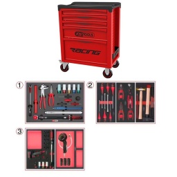 Servante RACING 5 tiroirs équipée de 60 outils - spéciale Roue
Composition d'outils spéciale roue pour servante, 60 pièces
Assortiment complet pour le travail sur les roues, jantes et enjoliveurs
Pour le montage, le démontage et le gonflage des roues
Empreinte des outils découpée au laser
Résistant aux huiles et produits chimiques
Mousse imputrescible