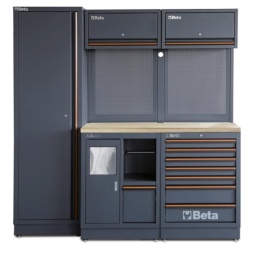 Combinaison d'ameublement d'atelier C45PRO 2.0
Combinaison comprenant les éléments suivants :
1 Plan de travail en bois contreplaqué stratifié, dimensions 1360 x 615 mm (C45PRO 2.0 PWE/2-1,3MT)
1 Module de fixe de propreté (C45PRO 2.0 MS)
1 Module fixe avec 7 tiroirs (C45PRO 2.0 M7)
2 Meubles hauts muraux (C45PRO 2.0 PM)
2 panneaux porte- outils perforés (C45PRO 2.0 PF)
2 étriers, type large (C45PRO 2.0 SL)
1 étrier, type étroit (C45PRO 2.0 SS)
1 Armoire à 1 porte (C45PRO 2.0 AS1)