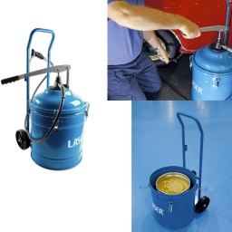 Le Laser 9381 est un pistolet &agrave; graisse manuel de grande capacit&eacute; pouvant contenir jusqu'&agrave; 30 litres de graisse. 
Il peut s'utiliser avec un bidon de graisse rond de 18 litres sans qu'il soit n&eacute;cessaire de transvaser la graisse.

Pompe &agrave; graisse portable, avec levier &agrave; main. Aucune alimentation en air n'est n&eacute;cessaire, ce qui permet de l'utiliser en dehors de l'atelier.
Rendement &eacute;lev&eacute; &agrave; 3 cm3/course. Pression max. : 350 bars (5 000 psi).
Capacit&eacute; de 30 litres. Dimensions int&eacute;rieures (couvercle compris) : 345 mm de diam&egrave;tre x 370 mm de profondeur.
Comprend un tuyau d'alimentation de 2 m de long, ainsi que 2 roues robustes et une poign&eacute;e pour faciliter le transport.
Id&eacute;ale pour les poids lourds, l'agriculture et le b&acirc;timent.