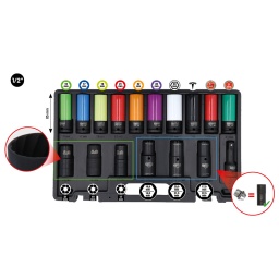 Jeu spécial pour le montage et le démontage des raccords vissés de roue intacts et endommagés
Les douilles d’extraction à double profilé sont équipées d’un profilé à cannelures spiralées fin et grossier
profil spécial autobloquant pour écrous abîmés
pour détacher des écrous et boulons lourdement endommagés
Idéal si le capuchon métallique manque ou est endommagé
Carré d’entraînement selon DIN 3121 / ISO 1174
Revêtement plastique pour ne pas endommager les jantes Aluminium
codage couleur d'après la taille
Avec taille spéciale pour Tesla
Avec profil spécial pour Mercedes, Hyundai et Kia
Tête brunie
Chrome-Molybdène
Coffret robuste en matière plastique