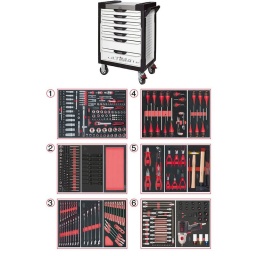 Servante d'atelier 7 tiroirs Ultimate
- Composition 425 outils
Tiroir 1 : Douille 1/4 - Douille 3/8 - Douille 1/2 - douille torx femelle et embouts 10mm torx, allen, xzn (finition mat)
Tiroir 2:  douilles torx femelle embout 10mm, douille choc alle et torx, module de rangement
Tiroir 3: clés mixtes, clés mixtes cliquets réversibles
Tiroir 4: tournevis plat, cruciforme, torx
Trioir 5: pinces, pinces circlips, martellerie
Tiroir 6 : douille automobile, clé choc 515.1210 et douilles chocs
Servante d'atelier kstools. série ultimate. est le modèle de desserte d'atelier. le plus haut de gamme  de la marque. ks tools. 
les tiroirs de la servante d'atelier ultimate, possedent un système de glissière à roulements à billes (résistance 45kg). Equipé du système "one by one"., ouverture d'un seul tiroir a la fois, vous pouvez deplacer votre servante d'atelier sans forcement l'a fermer a clé !
Les tiroirs de cette servante ont une grande capacité. 40cm de profondeur par 57cm de largeur, tout les tiroirs de cette servante d'atelier sont fournis avec un tapis mousse, a installer au fond. 
Le plan de travail des servantes d'atelier Ultimate est recouvert d'un plateau inox et de boitier "range visserie" sur les cotés,
Au niveau du chassis, les pans de cette servante d'atelier sont perfores, se qui vous permet l'instalation de nombreuses options. tel que. un dérouleur de papier, des crochets de fixations...
Cette gamme  de servante d'atelier repond parfaitement au rangement pour le mécanicien, carrossier, mais aussi pour les métiers de l'industrie (rangement d'outils de tours / fraiseuse...) ainsi que des domaines tel que le medical. l'aéronotique...
- construction a pans coupés renforçant la structure du bati
- système "one by one" antibasculement 
- panneau lateral déporté et pré-percé pour fixation de crochet et accessoires
- 2 roues fixes grand diamètre pour une meilleure stabilite et un déplacement aise sur tous types de sols
- 2 roues pivotantes avec système de freinage total
- plan de travail avec rangements et recouvert inox
- tiroirs sur glissieres à billes extra-resistant (45 kg par tiroir)
- tiroirs à ouverture totale
- fermeture totale et simultanee des tiroirs par serrure 
- poignée tubulaire de manutention
- finition "Ultimate"
Composition : 
Module de douilles et accessoires 1/4'' - 3/8'' - 1/2"", 175 pièces ref : 711.1011  finition mat 
- 3 x Cliquets 72 dents bi-matière 1/4’’- 3/8’’- 1/2’’
- 1 x Poignée emmanchée traversante 1/4"
- 2 x Rallonges articulée 1/4’’ 50 - 100 mm
- 1 x Rallonge flexible 1/4" 150 mm 
- 1 x T de force 1/4" 110mm
- 1 x Rallonge articulée 3/8’’  150 mm
- 2 x Rallonges articulée 1/2’’ 125 - 250 mm
- 3 x Cardans 1/4’’ - 3/8’’- 1/2’’
- 2 x Réducteur 1/2" F 3/8" m
- 13 x Douilles 1/4" : 4 - 4,5 - 5 - 5,5 - 6 - 7 - 8 - 9 - 10 - 11 - 12 - 13 - 14mm
- 7 x Douilles longues 1/4" : 4 - 5 - 6 - 7 - 8 - 9 - 10 mm 
- 5 x Douilles TORX E 1/4" : E4 - E5 - E6 - E7 - E8
- 4 x Douilles embout fente  1/4" : E4 - E5 - E6 - E7 - E8 mm
- 3 x Douilles embout PHILIPPS 1/4" : PH1 - PH2 (x2)
- 3 x Douilles embout PROZIDRIV 1/4" : PZ1 - PZ2 (x2)
- 4 x Douilles embout 6 pans mâles 1/4" : 3 - 4 - 5 - 6 mm
- 8 x Douilles embout TORX 1/4" : T8 - T9 - T10 - T15 - T20 - T25 - T27 - T30
- 7 x Douilles embout TORX percé 1/4" : T8 - T10 - T15 - T20 - T25 - T27 - T30
- 10 x Douilles 3/8" : 10 - 11 - 12 - 13 - 14 - 15 mm
- 6 x Douilles longues 3/8" : 10 - 11 - 12 - 13 - 14 - 15 mm
- 6 x Douilles TORX 3/8" : E10 - E11 - E12 - E14 - E16 - E18 
- 1 x Douille 6 pans 3/8" : 18 mm
- 18 x  Douilles 1/2" : 10 - 11 - 12 - 13 - 14 - 15 - 16 - 17 - 18 - 19 - 20 - 21 - 22 - 24 - 27 - 30 - 32 - 34 mm 
- 5 x Douilles longues 1/2" : 16 - 17 - 18 - 19 - 22 mm
- 2 x Douilles TORX 1/2" : E20 - E24
- 1 x Douille porte embout : 1/4" x 1/4"
- 2 x Douilles porte embout : 3/8" x 5/16" et 1/2" x 5/16"
Module d'embouts de vissage et douilles TORX, 88 pièces    ref 713.5010
- 5 x Douilles TORX 1/4" : E4 - E5 - E6 - E7 - E8
- 4 x Douilles TORX 3/8" : E10 - E11 - E12 - E14
- 3 x Douilles TORX 1/2" : E16 - E18 - E20
- 1 x Douille porte-embouts 1/4" x 1/4"
- 2 x Douilles porte-embouts : 3/8" - 10 mm et 1/2" - 10 mm
- 1 x Rallonge : 30 mm
- 3 x Embouts de vissage Fente : 25 mm x (5,5 - 6,5 - 8,0 mm)
- 3 x Embouts de vissage PHILLIPS : 25 mm x (PH1 - PH2 - PH3)
- 6 x Embouts de vissage POZIDRIV : 25 mm x (PZ1 - 2 x PZ2 - 3 x PZ3)
- 3 x Embouts de vissage 6 pans : 25 mm x (4 - 5 - 6 mm)
- 15 x Embouts de vissage TORX percé : 25 mm x (2 x T10 - 3 x T15 - 2 x T20 - 3 x T25 - 3 x T30 - 2 x T40)
- 2 x Embouts de vissage Fente : 30 mm x (8 - 10 mm)
- 2 x Embouts de vissage PHILLIPS : 30 mm x (PH2 - PH3)
- 7 x Embouts de vissage 6 pans : 30 mm x (4 - 5 - 6 - 7 - 8 - 10 - 12 mm)
- 9 x Embouts de vissage TORX percé : 30 mm x (T20 - T25 - T27 - T30 - T40 - T45 - T50 - T55 - T60)
- 5 x Embouts de vissage 12 pans : 30 mm (M5 - bM6 - M10 - M12)
- 5 x Embouts longs 6 pans : 75 mm x (5 - 6 - 7 - 8 - 10 mm)
- 8 x Embouts longs TORX percé : 75 mm x (T20 - T25 - T27 - T30 - T40 - T50 - T55 - T60)
- 4 x Embouts longs 12 pans : 75 mm x (M6 - M8 - M10 - M12)
Module de douilles à chocs 1/2'', 16 pièces ref : 713.1016  
- 8 x Douilles tournevis à choc TORX® 1/2’’: T30 - T40 - T45 - T50 - T55 - T60 - T70 - T80
- 8 x Douilles tournevis à choc 6 pans 1/2’’: 5 - 6 - 8 - 10 - 12 - 14 - 17 - 19 mm
Module vide 1/3 - 1 compartiment ref : 713.1300  
Module de clés mixtes ULTIMATE, 17 pièces   ref 713.2017  
- 17 x Clés mixtes : 6 - 7 - 8 - 9 - 10 - 11 - 12 - 13 - 14 - 15 - 16 - 17 - 18 - 19 - 20 - 21 - 22 mm
Module de clés mixtes ULTIMATE, 5 pièces ref : 713.2015   
- 5 x Clés mixtes : 24 - 27 - 29 - 30 - 32 mm
Module de clés mixtes à cliquet réversible GEARplus avec adaptateurs, 16 pièces ref : 713.2027 
- 12 x Clés mixtes : 8 - 9 - 10 - 11 - 12 - 13 - 14 - 15 - 16 - 17 - 18 - 19 mm
- 1 x Adaptateur pour embout de vissage : 1/4"
- 3 x Adaptateurs à verrouillage pour douilles : 1/4" - 3/8" - 1/2"
Module de vissage, 28 pièces ref : 712.5028  
- 1 x Tournevis ULTIMATE tom pouce Fente : 6,5 mm
- 3 x Tournevis ULTIMATE Fente : 3,5 - 5,5 - 8 mm
- 1 x Tournevis ULTIMATE tom pouce PHILLIPS : PH2
- 3 x Tournevis ULTIMATE PHILLIPS : PH1 - PH2 - PH3
- 1 x Tournevis ULTIMATE tom pouce PROZIDRIV : PZ2
- 3 x Tournevis ULTIMATE PROZIDRIV : PZ1 - PZ2 - PZ3
- 1 x Jeu de clés mâles 6 pans à tête sphérique longues : 2 - 2,5 - 3 - 4 - 5 - 6 - 8 - 10 mm
- 1 x Jeu de clés mâles TORX longues : T10 - T15 - T20 - T25 - T30 - T40 - T45 - T50
Module de tournevis ULTIMATE TORX, 6 pièces ref : 713.5013  
- 6 x Tournevis ULTIMATE TORX : T10 - T15 - T20 - T25 - T30 - T40
Module de pinces, 4 pièces ref : 713.4014  
- 1 x Pince coupante diagonale : L. 160 mm
- 1 x Pince universelle : L. 180 mm
- 1 x Pince à bec demi-rond : L. 200 mm
- 1 x Pince multiprises à verrouillage : L. 250 mm 
Module de 6 pinces à Circlips ref : 713.5006  
- 2 x Pinces à joncs extérieur : 10 - 25 mm, 19 - 60 mm
- 1 x Pince extérieur coudée : 16 - 60 mm
- 2 x Pinces intérieur droites : 12 - 25 mm, 19 - 60 mm
- 1 x Pince intérieur coudée : 19 - 60 mm
Module d'outils de frappe manche bois, 9 pièces ref : 713.1101 
- 1 x Burin de carossier extra-plat : 250 mm
- 6 x Chasse goupilles brunis : 3 - 4 - 5 - 6 - 10 mm
- 1 x Marteau rivoir : 600g
- 1 x Maillet à embouts plastique interchangeables : 340g
Module d'embouts longs pour la mécanique 1/4" - 1/2", 38 pièces ref : 712.5038 
- 5 x Embout 6 pans Extérieur 1/2’’ 55 mm x (14 - 17 - 19 - 22 - 24 mm) 
- 3 x Embout 6 pans Extérieur 140 mm x (10 - 11 - 13 mm)
- 1 x Embout 1/2’’ 6 pans Extérieur 160 mm x (5 mm)
- 1 x Embout 1/2’’ 6 pans Extérieur 240 mm x (7 mm)
- 1 x Embout TORX® 1/2’’ 110 mm x (T80)
- 6 x Embout 1/2’’ TORX® 140 mm x (T40 - T45 - T50 - T55 - T60 - T70)
- 1 x Embout 1/2’’ TORX® 300 mm x (T30)
- 2 x Embout XZN® 1/2’’ 110 mm x (M9 - M16)
- 3 x Embout 1/2’’ XZN® 140 mm x (M10 - M12 - M14)
- 1 x Embout percé XZN® 1/2’’ 55 mm x (M16) 
- 1 x Embout renforcé RIBE® 1/2’’ 100 mm x (M9) 
- 3 x Embout renforcé 1/2’’ RIBE® 240 mm x (M7 - M8 - M10)
- 1 x Embout renforcé XZN® 1/2’’ 75 mm x (M18) 
- 9 x Embout TORX Profil E 1/4’’ : TS10 - TS15 - TS20 - TS25 - TS27 - TS30 - TS40 - TS45 - TS50
Module de douilles et clé à chocs pneumatique 1/2'', 20 pièces ref : 712.1020  
- 1x Clé à chocs pneumatique 1/2’’ 1690Nm
- 14x douilles à choc : 12 - 13 - 14 - 15 - 16 - 17 - 18 - 19 - 21 - 22 - 24 - 27 - 30 - 32 mm
- 3x douilles à choc pour jante alu : 17 - 19 - 21 mm
- 1x rallonge à choc 1/2"
- 1x cardan à choc 125mm
- poids 57kg
- dimension hors tout : l678xl459xh859 (hauteur avec roues 1035mm 
- roue dia 125mm larg 50mm 