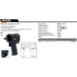 Extrêmement compacte et puissante
610 Nm
- mécanisme à simple frappe
- extrêmement compacte et puissante
- trois niveaux de réglage de la puissance de vissage et de dévissage
- échappement de l'air par la poignée
Vitesse à vide	8.400 tours/min
Couple de serrage maximum	610 Nm
Capacité vis/écrou	Cl 8.8 M22 34 mm
Capacité vis/écrou	Cl 12.9 M18 27 mm
Filetage d'arrivée d'air	1/4" GAS
Pression d'utilisation	6,6 bar
intérieur du tuyau d'air	10 mm
Consommation d'air moyenne	122 l/min
Poids	1,4 kg