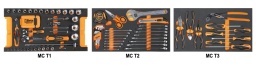 Composition de 109 outils pour la maintenance générale en plateaux mousse compacte
860MIX/A31	coffret de 31 pièces 
895/1	douille porte-embouts	
900	douilles 6 pans avec carré conducteur femelle 1/4"  4-4,5-5,5-6-7-8-9-10-11-12-13-14 mm	
900/...	rallonge - 1/4” 150 mm	
900/25	cardan avec carrés mâle et femelle 1/4"	
900BG/30C	poignée emmanchée carré mâle 1/4”	
900/42	poignée coulissante avec carré mâle 1/4"	
900/55	cliquet réversible avec carré mâle 1/4" 	
920A	douilles 6 pans avec carré conducteur femelle 1/2"  10-11-12-13-14-15-16-17-18-19-21-22-24-27-30-32 mm	
920/25	cardan 1/2"	
920AN/125	rallonge angulaire - 1/2”	
920/42	poignée coulissante 1/2"	
920/55	cliquet réversible 1/2" 	
42	clés mixtes 6-7-8-9-10-11-12-13-14-15-16-17-18-19-21-22 mm	
96/SC9	clés mâles 6 pans coudées 
111E	Clé à molette à ouverture graduée, chromée 250 mm	
1128BMX	ciseaux d’electricien	
1692/5	mètre à ruban 5 mt	
1771	cutter à lame sécable 18 mm avec lames	
1048N	Pince multiprise entrepassée 250 mm	
1082BM	Pince coupante diagonale 160 mm	
1150BM	pince à becs demi-ronds longs 180 mm	
1166BM	Pince à becs demi-ronds longs 160 mm	
1260	tournevis pour vis à fente 3,5x100-5,5x125-6,5x150 mm	
1262	tournevis pour vis Phillips® PH0x60-PH1x80-PH2x100 mm