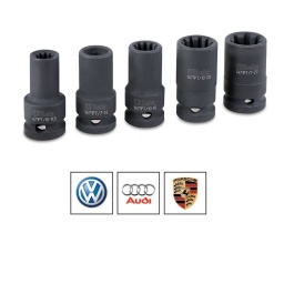 Kit douilles à chocs pour écrous d'étriers de frein
Pour les voitures du groupe Volkswagen, Audi et Porsche
3 douilles à 10 dents : 11,5 mm - 15 mm - 20 mm
2 douille à 7 dents: Ø 14 mm - 22 mm