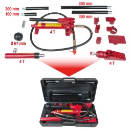 Utilisation simple grâce aux raccords à emboîter
Livré avec pompe hydraulique 4 T, rallonge...
Dans un coffret robuste en matière plastique avec poignée