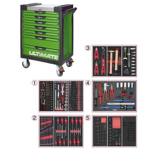 Servante Ultimate verte 7 tiroirs avec composition 283 outils master méca auto