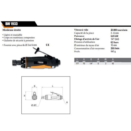 Meuleuse droite pneumatique 22000tr/min
