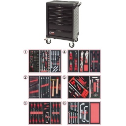 Servante d'atelier ks tools 7 tiroirs
- tiroir ouverture one by one antibasculement
- système fermeture centralisee par serrure
- plan de travail avec range visseries
- 4 roues robustes 125mm (2 directionelles avec freins)
- dimensions :
h 1016 x l 680 x p 455mm triroirs 
6 x h55xl565xp405mm 1 xh205xl565xp405mm charge par tiroirs 45kg
poids vide de la servante 54.5kg
résistance statique 500kg
servante atelier de la marque ks tools. avec noir complet du plus belle effet. parfaite pour une utilisation dans les milieux salissants (garage. industrie...)
- Composition 202 outils
Tiroir 1 : Douille 1/4 - douille 1/2 - douille longue 
Tiroir 2: clés mixte. marteau
Tiroir 3: tournevis plat. cruciforme. torx. clésallen torx
Tiroir 4: Pinces. pinces etaux. limes
Tiroir 5: Scie. grattoir. tenaille. pied à coulisse
Tiroir 6: clé pipe et module de rangement