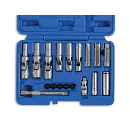 Un jeu de 3 douilles ouvertes pour bougies de préchauffage lorsqu'il est préférable de laisser les câbles connectés tels que sur Alfa Romeo et GM.
Une douille longue en M10 avec un système de retention, facilitant ainsi l'extraction
5 bouchons en plastique servant de protection anti statique pour les nouvelles bougies PSG - bougie à capteur de capteur de pression piézorésistif ainsi qu'une douille en 12mm 6 pans avec système de retention de bougie - entraînement en 3/8"
Douille profonde avec rotule : 8 - 9 -10mm en 3/8" de 72mm de long & 8 - 9 -10mm en 1/4" de 60mm de long
Les applications incluent aujourd'hui Audi, Seat, Skoda, Volkswagen, Mercedes-Benz, Smart, VAG, PSA, Renault, Fiat, et Opel. Fabrication en Chrome Vanadium