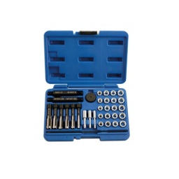 Kit d'outils pour reparer les filetages   de bougies (culasse en alliage)
kit comprenant 31 tarauds et inserts pour reparer les filetages des  bougies  8 | 10 | 12mm  sur les culasses en alliages.  
nous recomm ndons de deposer la culasse du moteur.
liste des composants sur l'image ci-dessus :
a : outil de pose d'insert
b : poignée pour (h)
c : inserts : mm x 1.0
d : inserts : m10 x 1.0
e : inserts : m10 x 1.25
f : inserts : m12 x 1.25
g : obturateurs pour orifices bougie
h : tige de pose d'insert
1. m14 x 1.25 couteau pour insert   (pour insert m12 x 1.25)
2. m12 x 1.25 taraud pour refileter
3. m12 x 1.0 couteau pour insert   (pour insert m10 x 1.25)
4. m10 x 1.25 taraud pour refileter
5. m10 x 1.0 couteau pour insert   (pour insert mm x 1.0)
6. mm x 1.0 taraud pour refilete
