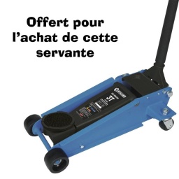 Servante 6 tiroirs avec compoisition 4 tiroirs
Plan de travail en ABS avec empreintes 7 tournevis.Poignée ergonomique intégrée dans le plan de travail.
1 tapis mousse dans chaque tiroir.
Dimensions intérieures des tiroirs :
- 4 tiroirs 530x390x60mm - charge maxi 15kg
- 1 tiroir 530x390x140mm - charge maxi 25kg
- 1 tiroir 530x390x220mm - charge maxi 30kg.
Tiroirs montés sur roulements à billes.
Fermeture à clé centralisée.
Livrée avec 2 clés.
4 roues 120mm : 2 fixes + 2 pivotantes avec frein.
Livrée avec un support pour aérosol
Composition :
09632 
- 8 clés polygonales : 6x7 - 8x9 - 10x11 - 12x13 - 14x15 - 16x17 - 18x19 - 20x22mm
- 17 clés mixtes : 6-7-8-9-10-11-12-13-14-15-16-17-18-19-20-21-22mm
09636
 1 pince droite pour circlips extérieurs 180mm
- 1 pince droite pour circlips intérieurs 180mm
- 1 pince multiprise 245mm
- 1 pince droite à bec 1/2 rond 200mm
- 1 pince coupante 150mm
- 1 pince étau 250mm
- 1 maillet
- 1 marteau rivoir
- 1 mesure 3m
09634
- 5 tournevis plats : 2x38 - 4x100 - 5x100 - 6x125 - 8x150mm
- 5 tournevis Phillips® : PH2x38 - PH0x75 - PH1x100- PH2x100 - PH3x150mm
- 6 tournevis de précision : PH0x50 - PH00x50 - T6x50 - T8x50 - 1,5x50 - 2,5x50mm
- 9 clés mâles hex : 1,5-2-2,5-3-4-5-6-8-10mm
- 9 clés mâles Torx® : 10-15-20-25-27-30-40-45-50
09630
- 17 douilles 1/2"" : 10, 11, 12, 13, 14, 15, 16, 17, 18, 19, 20, 21, 22, 24, 27, 30, 32mm
- 2 rallonges 1/2"" : 125 et 250mm
- 1 adaptateur 1/2""
- 1 cardan 1/2""
- 18 embouts 1/4"" :
PH : 1-2
PZ : 1-2
H : 3-4-5-6
SL : 4-5,5-6,5mm
Torx : 8-10-15-20-25-27-30
- 8 douilles Torx® : E10-11-12-14-16-18-20-24
- 2 douilles à bougie 1/2"" : 16 et 21mm
- 5 douilles longues 1/2"" : 14-15-17-19-22mm
- 13 douilles 1/4"" : 4-4,5-5-5,5-6-7-8-9-10-11-12-13-14mm
- 2 rallonges 1/4"" : 50 et 100mm
- 1 rallonge coulissante 1/4"" : 115mm
- 1 adaptateur 1/4""
- 1 porte embout 1/4""
- 1 tournevis porte embout
- 17 embouts 8mm :
Hex 7-8-10-12-14mm
SL : 8-10-12mm
PH : 3-4
PZ : 3-4
Torx : 40-45-50-55
- 8 douilles longues 1/4"" : 6-7-8-9-10-11-12-13mm
- 5 douilles Torx® E4-5-6-7-8
- 3 clés mâles 1,5-2-2,5mm
- 1 cliquet 1/4"" 72 dents
- 1 cliquet 1/2"" 72 dents
Offre cric offert 52548
Cric acier 3T Double piston
Montée rapide
Fonction descente lente.
Hauteur 120-450mm
Roues en acier et nylon
29.5kg
