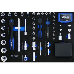 Module brilliant tools 79 pièces
Composition :
12 douilles Six pans (hexagonales/creuses) : (1/4") 4 - 4,5 - 5 - 5,5 - 6 - 7 - 8 - 9 - 10 - 11 - 12 - 13 - 14 mm
1 clé à cliquet : (1/4") 150 mm
1 poignée porte-embouts : (1/4") 150 mm
1 cardan universel : (1/4") 40 mm
2 rallonges : (1/4") 50 - 100 mm
17 douilles Six pans (hexagonales/creuses) : (1/2") 10 - 11 - 12 - 13 - 14 - 15 - 16 - 17 - 18 - 19 - 20 - 21 - 22 - 24 - 27 - 30 - 32 mm
2 douilles Six pans (hexagonales/creuses) longues : (1/2") 16 - 21 mm
1 clé à cliquet : (1/2") 250 mm
1 cardan universel : (1/2") 75 mm
2 rallonges : (1/2") 125 - 250 mm
1 barre en T coulissante : (1/2") 250 mm
1 adaptateur : (1/4")x(3/8") - 26 mm
1 adaptateur : (3/8")x(1/4") - 27 mm
1 adaptateur : (3/8")x(1/2") - 36 mm
1 adaptateur : (1/2")x(3/8") - 36 mm
1 adaptateur : (1/2")x(3/4") - 46 mm
1 adaptateur : (3/4")x(1/2") - 50 mm
1 coffret de 32 embouts Philips, Pozidriv, plats, Six pans (hexagonaux/creux), Torx et Torx Tamper Resistant
Dimensions module mousse 560x390mm