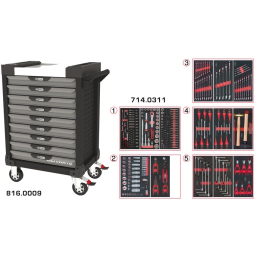 Servante ULTIMATE grise et noire 9 tiroirs équipée de 311 outils