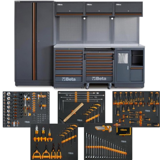 Combinaison de meubles d'atelier C45PRO 2.0 X avec un assortiment de 267 outils Beta Worker pour l'automobile