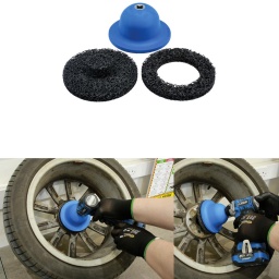 Outil de nettoyage de moyeux de roue, conçu pour être utilisé sur les moyeux sans goujons, afin d'éliminer la corrosion et la saleté de la surface de contact du moyeu et de l'intérieur de la roue, avant le remontage des roues sur le véhicule. 
L'ensemble comprend également un tampon spécialement conçu pour nettoyer la bague intérieure de la roue afin d'assurer un contact parfait avec le moyeu. 
L'outil est doté d'un carré d'entraînement de 1/2", ce qui permet de l'installer sur la même clé à choc/le même pistolet à air utilisé pour retirer les écrous de roue (une légère pression suffit pour obtenir les meilleurs résultats).

Idéal pour un nettoyage rapide et efficace des surfaces de contact des roues intérieures. Comprend un corps en composite, un insert métallique à carré de 1/2" et un système de fixation du tampon abrasif avec boucle et à crochet.
Fourni avec un disque de nettoyage abrasif de 150 mm de diamètre avec une section centrale surélevée de 48 mm de diamètre pour un nettoyage rapide et efficace des surfaces de contact des roues intérieures.
Avec un disque de nettoyage abrasif de 150 mm de diamètre avec un trou central de 90 mm pour le nettoyage des moyeux sans goujon avec un bossage central maximum de 85 mm.
À utiliser avec un pistolet à choc ou des outils électriques à carré de 1/2". Vitesse maximale de 1 500 tr/min.
Des tampons abrasifs de rechange pour la roue intérieure sont disponibles, voir la référence Laser 9171, pour le tampon abrasif du moyeu, voir la référence 8809.