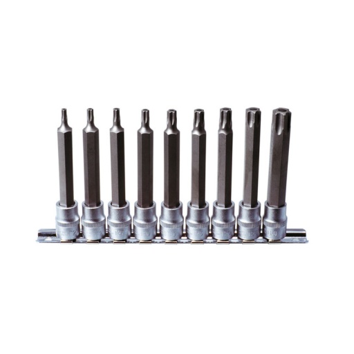 Rail de 9 douilles tournevis longues ultimate torx percé 3/8" t20 a t60