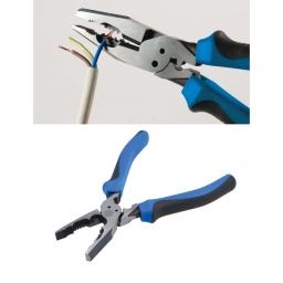 Cette pince multifonctionnelle est dotée d'une poignée à fort effet de levier et d'une prise en main confortable, ce qui permet de l'utiliser d'une seule main et d'exécuter les 7 fonctions différentes avec facilité. En chrome vanadium avec une tête polie et une finition en oxyde noir, combine des mâchoires dentelées de 11 mm de large pour saisir et extraire les boulons, couper ou dénuder les fils, sertir, couper les vis et aléser. Convient aux mécaniciens, aux électriciens ou aux bricoleurs et est idéale pour une utilisation avec une boîte à outils mobile ou lorsque l'espace de stockage est limité.

Pince universelle multifonctionnelle 7 en 1 à forte démultiplication.
Longueur : 215 mm ; ouverture des mâchoires : 60 mm.
Les fonctions comprennent : préhension, extraction de boulons, coupe de fils, alésage, dénudage (AWG 10-16 solide, AWG 12-18 toronné), coupe de vis (6-32, 8-32), sertissage (bornes non isolées, cosses, bornes).
En chrome-vanadium.
Poignées en TPR à prise confortable pour faciliter l'utilisation.