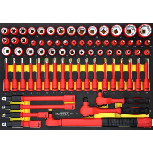 Jeu de douilles isol&eacute;es 3/8'' +1/2''  avec cl&eacute; dynamom&eacute;trique dans une garniture en mousse 72&nbsp;pcs