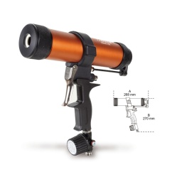 Pistolet a silicone
- pistolet pneumatique pour l'extrusion de silicones et mastics en cartouches standard plastique ou métal 
- prise en charge cartouches standard (215/218 x 50/51 mm  rigides et souples
- flux du matériel contrôle par la gachette
- Réducteur de pression intégré
dimension du tuyau 210x50 mm 
capacite de la cartouche 300/310 mm 
filetage d'arrivee d'air 1/4" gas 
pression d'utilisation 4 ? 8 bars 
dia intérieur du tuyau d'air 2.5 mm 
consomm tion d'air moyenne 120 l/min 
poids 750 g 