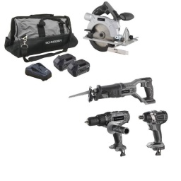 Pack Scie Sabre+Visseuse A Choc+Scie Circulaire+Perceuse+Sac+Chargeur+2 Batterie
Composé de : 
- 1 scie sabre 20V réf. 50509 
- 1 visseuse à chocs 20V réf. 50507 
- 1 scie circulaire 165mm 20V réf. 50508 
- 1 perceuse visseuse à percussion 20V 50Nm réf. 50502 
- 1 sac porte-outils textile 52,8L réf. 50800 
- 1 chargeur rapide 3,5A réf. 50519 
- 2 batteries Li-ion 20V 5Ah réf. 50517 