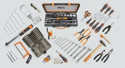 Composition de 125 outils
30	chasse-clous Ø 2 mm	
32	pointeau Ø 4 mm	
34	burins plats 125 mm	
42	clés mixtes 6 - 7 - 8 - 10 - 11 - 12 - 13 - 14 - 17 - 19 mm	
55	clés à fourches 6x7 - 8x9 - 10x11 - 12x13 - 14x15 - 16x17 mm	
96/SC9	clés mâles 6 pans coudées  1,5 - 2 - 2,5 - 3 - 4 - 5 - 6 - 8 - 10 mm	
666/5	Clé dynamométrique à déclenchement ZERO-RESET  3/8", 10÷50 Nm	
867/C52	jeu de 52 embouts avec entraînement hexagonal de 10 mm et 2 accessoires	
920A/C12X	jeu de 12 douilles et 5 accessoires	
910/16	Réducteur carré mâle 1/2" et femelle 3/8"	
956C	douille à bougies 14 - 16 mm	
1009L/A	pince extra - longue à becs demi - ronds 283 mm	
1032	pinces pour circlips intérieurs à becs droits 140 - 180 mm	
1036	pinces pour circlips extérieurs à becs droits 140x1,3 mm	
1082G	pince coupante diagonale, branches gainées avec double couche de PVC antidérapant, finition industrielle 160 mm	
1128BM	ciseaux d'électricien	
1150G	pince universelle, branches gainées avec double couche de PVC antidérapant, modèle grande capacité, finition industrielle 180 mm	
1201E/DZ	tournevis pour vis Dzus® 
1201E	tournevis pour vis à fente 3x75 - 4x100 - 5,5x100 - 6,5x150 mm	
1202E	tournevis pour vis phillips® PH0x60 - PH1x80 - PH2x100 mm	
1254	Tournevis détecteur de tension à pince crocodile 
1370	marteau de mécanicien 300 g	
1491	clé à sangle pour filtres à huile	
1708/13	jauge d'épaisseur	
1725CR	mini - monture de scie à métaux	
1737	Brosse à bougies en fils de cuivre	
1754	burette plastique 250 cc