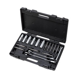 Coffret permettant le montage et démontage de tiges d'amortisseurs
outil pour le maintien. le vissage devissage de l'ecrou de maintien du ressort
- pour les travaux d'entretien des amortisseurs
- pour tous types de véhicules
- pour maintenir la tige de piston pendant le desserrage de l'ecrou
- permet un serrage contrôle des écrous des tiges d'amortisseur
- chrome vanadium
- coffret de rangement
composition :
douille traversante. 16 mm douille traversante. 17 mm douille traversante. 18 mm douille traversante. 19 mm douille traversante. 21 mm douille traversante. 22 mm embout. 5.2 mm  vag nissan
embout. 6 mm  vag renault
embout. 7 mm  vag. seat. fiat
embout. 6 mm  diverses européennes. japonaises
embout. 7 mm  diverses européennes
embout. 8 mm  mercedes
embout zxn m12 opel
embout torx t50. ford
embout torx t60 nissan. ford
Clés mixtes gearplus. 10 mm clés mixtes gearplus. 19 mm clés mixtes gearplus. 22 mm 