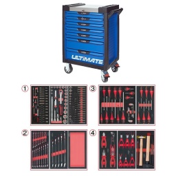 Servante d'atelier 7 tiroirs Ultimate
- Composition 241 outils pour maintenance générale
Tiroir 1 : Douille 1/4 - douille 1/2 - douille torx femelle et embouts 10mm torx, allen, xzn
Tiroir 2: clés mixtes, module de rangement
Tiroir 3: tournevis plat, cruciforme, torx
Tiroir 4: pinces, pinces circlips, martellerie
Servante d'atelier kstools. série ultimate. est le modèle de desserte d'atelier. le plus haut de gamme  de la marque. ks tools. 
les tiroirs de la servante d'atelier ultimate, possedent un système de glissière à roulements à billes (résistance 45kg). Equipé du système "one by one"., ouverture d'un seul tiroir a la fois, vous pouvez deplacer votre servante d'atelier sans forcement l'a fermer a clé !
Les tiroirs de cette servante ont une grande capacité. 40cm de profondeur par 57cm de largeur, tout les tiroirs de cette servante d'atelier sont fournis avec un tapis mousse, a installer au fond. 
Le plan de travail des servantes d'atelier Ultimate est recouvert d'un plateau inox et de boitier "range visserie" sur les cotés,
Au niveau du chassis, les pans de cette servante d'atelier sont perfores, se qui vous permet l'instalation de nombreuses options. tel que. un dérouleur de papier, des crochets de fixations...
Cette gamme  de servante d'atelier repond parfaitement au rangement pour le mécanicien, carrossier, mais aussi pour les métiers de l'industrie (rangement d'outils de tours / fraiseuse...) ainsi que des domaines tel que le medical. l'aéronotique...
- construction a pans coupés renforçant la structure du bati
- système "one by one" antibasculement 
- panneau lateral déporté et pré-percé pour fixation de crochet et accessoires
- 2 roues fixes grand diamètre pour une meilleure stabilite et un déplacement aise sur tous types de sols
- 2 roues pivotantes avec système de freinage total
- plan de travail avec rangements et recouvert inox
- tiroirs sur glissieres à billes extra-resistant (45 kg par tiroir)
- tiroirs à ouverture totale
- fermeture totale et simultanee des tiroirs par serrure 
- poignée tubulaire de manutention
- finition "Ultimate"
Composition :
Module 54 pièces douilles et accessoires 1/4’’ ref : 713.1020 
- Cliquet réversible 72 dents
- 1x Poignée emmanchée 1/4’’
- 2x Rallonges 1/4’’ : L. 50 mm et L. 100 mm
- 1x Rallonge flexible : L. 150 mm
- 1x Poignée coulissante T : L. 115 mm
- 1x Cardan universel 1/4"
- 13x Douilles 1/4’’ : 4 - 4,5 - 5 - 5,5 - 6 - 7 - 8 - 9 - 10 - 11 - 12 - 13 - 14 mm
- 8x Douille longue 1/4" : 6 - 7 - 8 - 9 - 10 - 11 - 12 - 13
- 1x Porte embout 1/4" 
- 3x Embouts de vissage Fente 4 - 5,5 - 8 mm 
- 3x Embouts de vissage PHILLIPS® PH 1 - PH 2 - PH3 
- 2x Embouts de vissage POZIDRIV® PZ 1 - PZ 2 
- 6x Embouts de vissage 6 pans : 3 - 4 - 5 - 6 - 7 - 8  mm
- 7x Embouts de vissage TORX® profil E T10 - T15 - T20 - T25 - T27 - T30 - T40
​- 4x Embouts de vissage 12 pans : M4 - M5 - M6 - M8 
Module de douilles et accessoires ULTIMATE 1/2'' , 24 pièces ref : 713.1024 
- 1 x Cliquet réversible 72 dents
- 2 x Rallonges : 125 - 250 mm
- 1 x Cadran universel 1/2"
- 1 x Bague coulissante 3/8" x 1/2"
- 17 x Douilles : 10 - 11 - 12 - 13 - 14 - 15 - 16 - 17 - 18 - 19 - 20 - 21 - 22 - 24 - 27 - 30 - 32 mm
- 2 x Douilles longues : 16 - 21 mm
Module d'embouts de vissage et douilles TORX, 88 pièces ref : 713.5010 
- 5 x Douilles TORX 1/4" : E4 - E5 - E6 - E7 - E8
- 4 x Douilles TORX 3/8" : E10 - E11 - E12 - E14
- 3 x Douilles TORX 1/2" : E16 - E18 - E20
- 1 x Douille porte-embouts 1/4" x 1/4"
- 2 x Douilles porte-embouts : 3/8" - 10 mm et 1/2" - 10 mm
- 1 x Rallonge : 30 mm
- 3 x Embouts de vissage Fente : 25 mm x (5,5 - 6,5 - 8,0 mm)
- 3 x Embouts de vissage PHILLIPS : 25 mm x (PH1 - PH2 - PH3)
- 6 x Embouts de vissage PROZIDRIV : 25 mm x (PZ1 - 2 x PZ2 - 3 x PZ3)
- 3 x Embouts de vissage 6 pans : 25 mm x (4 - 5 - 6 mm)
- 15 x Embouts de vissage TORX percé : 25 mm x (2 x T10 - 3 x T15 - 2 x T20 - 3 x T25 - 3 x T30 - 2 x T40)
- 2 x Embouts de vissage Fente : 30 mm x (8 - 10 mm)
- 2 x Embouts de vissage PHILLIPS : 30 mm x (PH2 - PH3)
- 7 x Embouts de vissage 6 pans : 30 mm x (4 - 5 - 6 - 7 - 8 - 10 - 12 mm)
- 9 x Embouts de vissage TORX percé : 30 mm x (T20 - T25 - T27 - T30 - T40 - T45 - T50 - T55 - T60)
- 5 x Embouts de vissage 12 pans : 30 mm (M5 - bM6 - M10 - M12)
- 5 x Embouts longs 6 pans : 75 mm x (5 - 6 - 7 - 8 - 10 mm)
- 8 x Embouts longs TORX percé : 75 mm x (T20 - T25 - T27 - T30 - T40 - T50 - T55 - T60)
- 4 x Embouts longs 12 pans : 75 mm x (M6 - M8 - M10 - M12)
Module de clés mixtes ULTIMATE, 17 pièces ref : 713.2017   
- 17 x Clés mixtes : 6 - 7 - 8 - 9 - 10 - 11 - 12 - 13 - 14 - 15 - 16 - 17 - 18 - 19 - 20 - 21 - 22 mm
Module de clés mixtes ULTIMATE, 5 pièces ref : 713.2015 
- 5 x Clés mixtes : 24 - 27 - 29 - 30 - 32 mm
Module vide 1/3 - 1 compartiment ref : 713.1300 
Module de vissage, 28 pièces ref : 712.5028 
- 1 x Tournevis ULTIMATE tom pouce Fente : 6,5 mm
- 3 x Tournevis ULTIMATE Fente : 3,5 - 5,5 - 8 mm
- 1 x Tournevis ULTIMATE tom pouce PHILLIPS : PH2
- 3 x Tournevis ULTIMATE PHILLIPS : PH1 - PH2 - PH3
- 1 x Tournevis ULTIMATE tom pouce PROZIDRIV : PZ2
- 3 x Tournevis ULTIMATE PROZIDRIV : PZ1 - PZ2 - PZ3
- 1 x Jeu de clés mâles 6 pans à tête sphérique longues : 2 - 2,5 - 3 - 4 - 5 - 6 - 8 - 10 mm
- 1 x Jeu de clés mâles TORX longues : T10 - T15 - T20 - T25 - T30 - T40 - T45 - T50
Module de tournevis ULTIMATE TORX, 6 pièces ref : 713.5013 
- 6 x Tournevis ULTIMATE TORX : T10 - T15 - T20 - T25 - T30 - T40
Module de pinces, 4 pièces ref : 713.4014 
- 1 x Pince coupante diagonale : L. 160 mm
- 1 x Pince universelle : L. 180 mm
- 1 x Pince à bec demi-rond : L. 200 mm
- 1 x Pince multiprises à verrouillage : L. 250 mm
Module de 6 pinces à Circlips ref : 713.5006  
- 2 x Pinces à joncs extérieur : 10 - 25 mm, 19 - 60 mm
- 1 x Pince extérieur coudée : 16 - 60 mm
- 2 x Pinces intérieur droites : 12 - 25 mm, 19 - 60 mm
- 1 x Pince intérieur coudée : 19 - 60 mm 
Module d'outils de frappe manche bois, 9 pièces ref : 713.1101 
- 1 x Burin de carossier extra-plat : 250 mm
- 6 x Chasse goupilles brunis : 3 - 4 - 5 - 6 - 10 mm
- 1 x Marteau rivoir : 600g
- 1 x Maillet à embouts plastique interchangeables : 340g
- poids 57kg
- dimension hors tout : l678xl459xh859 (hauteur avec roues 1035mm 
- roue dia 125mm larg 50mm 