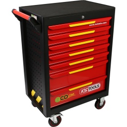 Avec rappel de fermeture et fonction SOFT CLOSE
Construction robuste en acier rigide - épaisseur 0,8 mm
Très grande stabilité
Parois latérales avec perçages pour accrocher divers accessoires
Système de fermeture centralisée par serrure
Glissière à roulements à billes
Ouverture 100% des tiroirs
Tiroirs avec caoutchouc anti-dérapant
Plan de travail avec insert en mousse de 10 mm
Poignée latérale en acier
Deux roues fixes Ø 125 mm
avec 2 roues directionnelles Ø 125 mm avec frein de roulement et de rotation
Poignées de tiroir pleine largeur
thermolaqué électrostatiquement