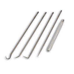 Jeu de pic et de crochet avec outil magnétique Ce jeu comprend 4 pic et crochets de 170mm de long et un outil extensible magnétique allant jusqu'à 325mm de long. Les crochets disposent de 3 têtes différentes pour davantage d'accès et ils disposent d'un bout allongé et fin.  Crochet à 90° et  45° degrés Emballé dans une enveloppe de rangement Idéal pour des travaux de précision dans l'automobile et pour les enthousiastes. 