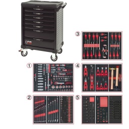 Servante d'atelier ks tools 7 tiroirs
- tiroir ouverture one by one antibasculement
- système fermeture centralisee par serrure
- plan de travail avec range visseries
- 4 roues robustes 125mm (2 directionelles avec freins)
- dimensions :
h 1016 x l 680 x p 455mm triroirs 
6 x h55xl565xp405mm 1 xh205xl565xp405mm charge par tiroirs 45kg
poids vide de la servante 54.5kg
résistance statique 500kg
servante atelier de la marque ks tools. avec noir complet du plus belle effet. parfaite pour une utilisation dans les milieux salissants (garage. industrie...)
Composition : 
Module de douilles et accessoires 1/4'' - 3/8'' - 1/2"". 175 pièces ref: 711.1011 finition mat
- 3 x Cliquets 72 dents bi-matière 1/4’’- 3/8’’- 1/2’’
- 1 x Poignée emmanchée traversante 1/4"
- 2 x Rallonges articulée 1/4’’ 50 - 100 mm
- 1 x Rallonge flexible 1/4" 150 mm 
- 1 x T de force 1/4" 110mm
- 1 x Rallonge articulée 3/8’’ 150 mm
- 2 x Rallonges articulée 1/2’’ 125 - 250 mm
- 3 x Cardans 1/4’’ - 3/8’’- 1/2’’
- 2 x Réducteur 1/2" F 3/8" m
- 13 x Douilles 1/4" : 4 - 4.5 - 5 - 5.5 - 6 - 7 - 8 - 9 - 10 - 11 - 12 - 13 - 14mm
- 7 x Douilles longues 1/4" : 4 - 5 - 6 - 7 - 8 - 9 - 10 mm 
- 5 x Douilles TORX E 1/4" : E4 - E5 - E6 - E7 - E8
- 4 x Douilles embout fente 1/4" : E4 - E5 - E6 - E7 - E8 mm
- 3 x Douilles embout PHILIPPS 1/4" : PH1 - PH2 (x2)
- 3 x Douilles embout PROZIDRIV 1/4" : PZ1 - PZ2 (x2)
- 4 x Douilles embout 6 pans mâles 1/4" : 3 - 4 - 5 - 6 mm
- 8 x Douilles embout TORX 1/4" : T8 - T9 - T10 - T15 - T20 - T25 - T27 - T30
- 7 x Douilles embout TORX percé 1/4" : T8 - T10 - T15 - T20 - T25 - T27 - T30
- 10 x Douilles 3/8" : 10 - 11 - 12 - 13 - 14 - 15 mm
- 6 x Douilles longues 3/8" : 10 - 11 - 12 - 13 - 14 - 15 mm
- 6 x Douilles TORX 3/8" : E10 - E11 - E12 - E14 - E16 - E18 
- 1 x Douille 6 pans 3/8" : 18 mm
- 18 x Douilles 1/2" : 10 - 11 - 12 - 13 - 14 - 15 - 16 - 17 - 18 - 19 - 20 - 21 - 22 - 24 - 27 - 30 - 32 - 34 mm 
- 5 x Douilles longues 1/2" : 16 - 17 - 18 - 19 - 22 mm
- 2 x Douilles TORX 1/2" : E20 - E24
- 1 x Douille porte embout : 1/4" x 1/4"
- 2 x Douilles porte embout : 3/8" x 5/16" et 1/2" x 5/16" 
Module de clés mixtes ULTIMATE. 17 pièces ref : 713.2017 
- 17 x Clés mixtes : 6 - 7 - 8 - 9 - 10 - 11 - 12 - 13 - 14 - 15 - 16 - 17 - 18 - 19 - 20 - 21 - 22 mm
Module de clés mixtes ULTIMATE. 5 pièces ref : 713.2015 
- 5 x Clés mixtes : 24 - 27 - 29 - 30 - 32 mm
Module d'embouts de vissage et douilles TORX. 88 pièces ref : 713.5010 
- 5 x Douilles TORX 1/4" : E4 - E5 - E6 - E7 - E8
- 4 x Douilles TORX 3/8" : E10 - E11 - E12 - E14
- 3 x Douilles TORX 1/2" : E16 - E18 - E20
- 1 x Douille porte-embouts 1/4" x 1/4"
- 2 x Douilles porte-embouts : 3/8" - 10 mm et 1/2" - 10 mm
- 1 x Rallonge : 30 mm
- 3 x Embouts de vissage Fente : 25 mm x (5.5 - 6.5 - 8.0 mm)
- 3 x Embouts de vissage PHILLIPS : 25 mm x (PH1 - PH2 - PH3)
- 6 x Embouts de vissage PROZIDRIV : 25 mm x (PZ1 - 2 x PZ2 - 3 x PZ3)
- 3 x Embouts de vissage 6 pans : 25 mm x (4 - 5 - 6 mm)
- 15 x Embouts de vissage TORX percé : 25 mm x (2 x T10 - 3 x T15 - 2 x T20 - 3 x T25 - 3 x T30 - 2 x T40)
- 2 x Embouts de vissage Fente : 30 mm x (8 - 10 mm)
- 2 x Embouts de vissage PHILLIPS : 30 mm x (PH2 - PH3)
- 7 x Embouts de vissage 6 pans : 30 mm x (4 - 5 - 6 - 7 - 8 - 10 - 12 mm)
- 9 x Embouts de vissage TORX percé : 30 mm x (T20 - T25 - T27 - T30 - T40 - T45 - T50 - T55 - T60)
- 5 x Embouts de vissage 12 pans : 30 mm (M5 - bM6 - M10 - M12)
- 5 x Embouts longs 6 pans : 75 mm x (5 - 6 - 7 - 8 - 10 mm)
- 8 x Embouts longs TORX percé : 75 mm x (T20 - T25 - T27 - T30 - T40 - T50 - T55 - T60)
- 4 x Embouts longs 12 pans : 75 mm x (M6 - M8 - M10 - M12) 
Module de vissage. 28 pièces ref : 712.5028 
- 1 x Tournevis ULTIMATE tom pouce Fente : 6.5 mm
- 3 x Tournevis ULTIMATE Fente : 3.5 - 5.5 - 8 mm
- 1 x Tournevis ULTIMATE tom pouce PHILLIPS : PH2
- 3 x Tournevis ULTIMATE PHILLIPS : PH1 - PH2 - PH3
- 1 x Tournevis ULTIMATE tom pouce PROZIDRIV : PZ2
- 3 x Tournevis ULTIMATE PROZIDRIV : PZ1 - PZ2 - PZ3
- 1 x Jeu de clés mâles 6 pans à tête sphérique longues : 2 - 2.5 - 3 - 4 - 5 - 6 - 8 - 10 mm
- 1 x Jeu de clés mâles TORX longues : T10 - T15 - T20 - T25 - T30 - T40 - T45 - T50
Module de tournevis ULTIMATE TORX. 6 pièces ref : 713.5013 
- 6 x Tournevis ULTIMATE TORX : T10 - T15 - T20 - T25 - T30 - T40
Module de pinces. 4 pièces ref : 713.4014 
- 1 x Pince coupante diagonale : L. 160 mm
- 1 x Pince universelle : L. 180 mm
- 1 x Pince à bec demi-rond : L. 200 mm
- 1 x Pince multiprises à verrouillage : L. 250 mm
Module de 6 pinces à Circlips ref : 713.5006 
- 2 x Pinces à joncs extérieur : 10 - 25 mm. 19 - 60 mm
- 1 x Pince extérieur coudée : 16 - 60 mm
- 2 x Pinces intérieur droites : 12 - 25 mm. 19 - 60 mm
- 1 x Pince intérieur coudée : 19 - 60 mm
Module d'outils de frappe manche bois. 9 pièces ref : 713.1101 
- 1 x Burin de carossier extra-plat : 250 mm
- 6 x Chasse goupilles brunis : 3 - 4 - 5 - 6 - 10 mm
- 1 x Marteau rivoir : 600g
- 1 x Maillet à embouts plastique interchangeables : 340g
Module de douilles longues à chocs 1/2''. 13 pièces ref : 713.1030 
- 13 x Douilles à choc 6 pans : 10 - 12 - 13 - 14 - 16 - 17 - 18 - 19 - 21 - 22 - 23 - 24 - 27 mm
Module de douilles à chocs 1/2''. 17 pièces ref : 713.1031 
- 13 x Douilles à choc 1/2’’: 10 - 12 - 13 - 14 - 16 - 17 -18 - 19 - 21 - 22 - 23 - 24 - 27 mm
- 2 x Réducteur à choc : 3/4"F x 1/2"M - 1/2’’F x 3/4’’M
- 1 x Augmentateur à choc 1/2’’
- 1 x Rallonge à choc 1/2’’: 125 mm
Module de douilles à chocs 1/2''. 16 pièces ref : 713.1016 
- 8 x Douilles tournevis à choc TORX® 1/2’’: T30 - T40 - T45 - T50 - T55 - T60 - T70 - T80
- 8 x Douilles tournevis à choc 6 pans 1/2’’: 5 - 6 - 8 - 10 - 12 - 14 - 17 - 19 mm