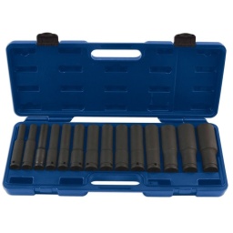 Jeu de douilles à impact extra-longues, 14-32 mm à carré de 1/2" Jeu de douilles à impact extra-longues, à carré de 1/2", conçues pour une utilisation avec des pistolets à impact pneumatiques/électriques ou des tournevis à impact. Contenu : 14, 15, 17, 18, 19, 21, 22, 24, 27, 30, 32 mm. Extra-longues : 120 mm. En chrome-vanadium 50bv30 avec fini au phosphate noir. Douilles également disponibles en tant qu'articles individuels. Fourni dans un coffret de rangement moulé par soufflage.