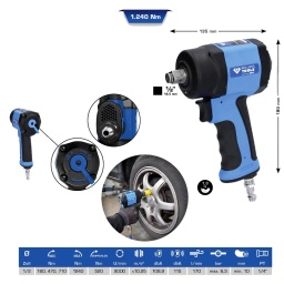 Extrêmement compact
Haute performance de 1 240 Nm
Conception robuste
Outil de percussion industriel haute performance Jumbo
Poignée de forme ergonomique

Extrêmement compact, robuste et de haute performance, le mini tournevis à percussion à air comprimé BRILLIANT TOOLS 1/2" BT160400 vous assiste lors du changement de pneus ainsi que d’autres réparations. 
Grâce à sa puissance maximale de 1 240 Nm, le desserrage des vis ou des écrous bloqués n’est plus un problème, même dans les endroits les plus exigus. Il est très performant malgré sa taille réduite. 
Grâce à son poids de seulement 1,2 kg, il réduit sensiblement toutes les contraintes propres aux travaux de vissage au niveau des muscles de la nuque, de l’épaule, du bras et du dos. 
La puissance élevée est atteinte à l’aide d’un outil de percussion haute performance Jumbo qui ne nécessite aucun entretien grâce à la lubrification pendant toute la durée de vie. 
En graissant régulièrement la pièce d’air grâce à l’huile fournie, vous pouvez profiter pendant longtemps de votre tournevis à percussion. Le couple de serrage des vis ou écrous est réglable en 3 niveaux. 
L’air sortant est amené vers le bas grâce à la poignée de forme ergonomique isolant du froid. Elle est recouverte de caoutchouc et offre un maintien antidérapant qui protège aussi des vibrations. 
Le raccord 1/4" est également compris dans la livraison, le tournevis à percussion est ainsi directement opérationnel.


Données techniques :
Carré d’entraînement : 1/2"
Couple maximal de serrage : 1 = 240 Nm
2 = 580 Nm
3 = 890 Nm
Couple maximal de desserrage : 1 240 Nm
Vitesse de rotation à vide : 9 000
Vibrations : 10,25 m/s2
Bruit max à vide : 108,9 dbA
Bruit max en choc : 115 dbA
Couple de serrage recommandé : 415 Nm
Consommation d’air : 170 l/min
Pression de travail : max. 6,3 bars
Diamètre minimum du tuyau : 10 mm
Filetage de raccord : 1/4" PT
Caractéristiques
Longueur totale L en mm:	180
Bruit max en choc (dbA):	115
Couple maximal de desserrage:	1240
Largeur B:	135
Pression de travail max (bar):	6.3
Largeur de l’emballage en mm:	169
Lien vidéo Utilisation:	Video
Vibrations:	10,25
Bruit max à vide (dbA):	108.9
Consommation d'air l/mn:	170
Taille en pouces:	1/2
Vitesse de rotation à vide en T/mn:	9000
Poids en g:	1260
Couple de serrage recommandé:	415
Diamètre minimum du tuyau:	10
Filetage de raccord:	1/4"PT
Contenu:	1
Longueur de l’emballage en mm:	228
Hauteur de l’emballage en mm:	85
Couple maximal de serrage:	240 - 580 - 890
