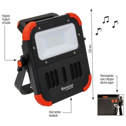 Projecteur LED 20W 2000 lumens avec haut-parleur bluetooth
3 modes d'éclairage : 100%, 50%, 10%.

Fonction power bank.

détachable.

Poignée support articulée.

Indicateur du niveau de charge.
2 haut-parleurs Bluetooth 3W intégrés.
Résiste aux chutes jusqu'à 2m.
Couleur de la lumière : 6000-7000K.
IP54 - IK07.
Livré avec :
1 câble USB
1 chargeur secteur
1 chargeur allume-cigare