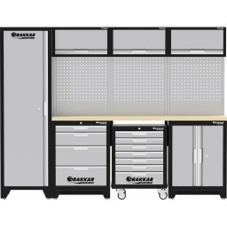 Armoire haute x1

Meuble bas 4 tiroirs x1 (dimensions intérieures tiroirs) :
- profondeur = 405mm
- largeur = 565mm
- hauteur = 57mm (tiroir haut)
- hauteur = 138mm

Servante d'atelier 7 tiroirs x1 (dimensions intérieures tiroirs) :
- profondeur = 405mm
- largeur = 530mm
- hauteur = 55mm
- hauteur = 138mm (tiroir bas)

Meuble bas 2 portes x1
Meuble haut x3
Panneau perforé - trous carrés - tôle acier ép.2mm x3
Plan de travail droit x1 L.2041x463x38mm
Connecteurs de côté pour panneaux x7
Connecteur support x1

Hauteur
2000mm
Dimensions Lgxlgxh
2640x488x2000mm

Poids 
247,1KG