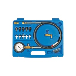 Kit de contrôle de pression d'huile Ce kit permet de tester la  presssion de la pompe à huile Permet également de diagnostiquer un défaut au niveau de l'interrupteur et du voyant lumineux sur le tableau de bord Filetage:  R1/8 DIN 2999, 1/8-27 NPT, 1/4-18 NPT,  3/8-20 UNF,  1/2-20 UNF,  M10x1.0,  M12x1.5,  M14x1.5, M16x1.5,  M18x1.5
 Le kit contient un manomètre de 10 bar, 10 connecteurs à raccord rapide et un connecteur angulé à 90 degrés Convient pour moteur Essence et Diesel
