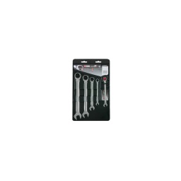 Coffret de clés mixtes à cliquet droites 
finition polie chromee
système gearplus 
chrome vanadium ultra resistant
fourche inclinée a 15°
tête cliquet coudée a 15°
denture fine
5 pièces : 8-10-13-17-19
