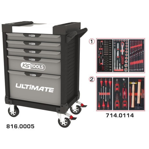 Servante ULTIMATE grise et noire 5 tiroirs équipée de 114 outils