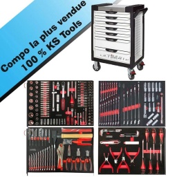 Servante d'atelier 7 tiroirs Ultimate
la servante d'atelier kstools,série ultimate, est le modèle de desserte d'atelier, le plus haut de gamme de la marque ks tools avec ces 850Kg de résistance en statique. 
Les tiroirs de la servante d'atelier ultimate, possèdent un système de glissière à roulements à billes (résistance 45kg). Equipé du système "one by one".. ouverture d'un seul tiroir a la fois. Vous pouvez deplacer votre servante d'atelier sans forcément l'a fermer a clé !
Les tiroirs de cette servante ont une grande capacité. 40cm de profondeur par 57cm de largeur, tout les tiroirs de cette servante d'atelier sont fournis avec un tapis mousse, a installer au fond. 
Le plan de travail des servantes d'atelier Ultimate est recouvert d'un plateau inox et de boitier "range visserie" sur les cotés.
Au niveau du chassis. les pans de cette servante d'atelier sont perfores, se qui vous permet l'instalation de nombreuses options, tel que, un dérouleur de papier, des crochets de fixations...
Cette gamme de servante d'atelier repond parfaitement au rangement pour le mécanicien. carrossier. mais aussi pour les métiers de l'industrie (rangement d'outils de tours / fraiseuse...) ainsi que des domaines tel que le medical. l'aéronotique...
- construction a pans coupés renforçant la structure du bati
- système "one by one" antibasculement 
- panneau lateral déporté et pré-percé pour fixation de crochet et accessoires
- 2 roues fixes grand diamètre pour une meilleure stabilite et un déplacement aise sur tous types de sols
- 2 roues pivotantes avec système de freinage total
- plan de travail avec rangements et recouvert inox
- tiroirs sur glissieres à billes extra-resistant (45 kg par tiroir)
- tiroirs à ouverture totale
- fermeture totale et simultanee des tiroirs par serrure 
- poignée tubulaire de manutention
- finition "Ultimate"
Composition outillage pour servante d'atelier ks tools, 4 modules ultra complet avec outillage ks tools garantie à vie (voir nos cgv) et clé cliquet brilliant tools (grantie 10 ans).
Vous retrouverez dans cette composition ks tools tout le necessaire pour la mécanique , automobile, moto mais aussi entretien technique.
922.1439	Poignée emmanchée ULTIMATE® 1/4''
920.1400	Cliquet réversible 1/4’’ ULTIMATE
920.1200	Cliquet 72 dents extra plat ULTIMATE® 1/2
922.1202	Rallonge ULTIMATE® 1/2'', L.125 mm
922.1203	Rallonge ULTIMATE® 1/2'', L.250 mm
922.1450	Cardan universel ULTIMATE® 1/4''
922.1451	Poignée coulissante T ULTIMATE® 1/4'', L.110 mm
922.1452	Rallonge ULTIMATE® 1/4 L.50 mm	1
922.1455	Rallonge ULTIMATE® 1/4 L.100 mm	1
922.14	Douille 6 pans ULTIMATE® 1/4 4-4,5-5 -5,5-6-7-8-9-10-11-12-13-14mm 
922.1419	Rallonge articulée ULTIMATE 1/4, L.150mm	
922.14	Douille longue 6 pans ULTIMATE 1/4,6-7-8-9-10-11-12-13-14mm		
922.1198	Tournevis porte-embouts magnétique ULTIMATE 1/4'' , L. 100 mm	
922.14	Douille tournevis ULTIMATE® TORX® 1/4'', L.37 mm - T10-15-20-25-27-30-40		
922.147	Douille tournevis ULTIMATE® POZIDRIV® 1/4'', L.37 mm - PZ2-PZ1	
922.1490	Douille tournevis ULTIMATE® Fente 1/4'', L.37 mm - 7-5.5-4mm	
922.146	Douille tournevis 6 pans ULTIMATE® 1/4, L.37 mm - 3-4-5-6-7-8mm		
922.1468	Douille tournevis ULTIMATE® PHILLIPS® 1/4'', L.37 mm - PH1-PH2	
922.1440	Rallonge flexible ULTIMATE® 1/4, L.150mm	
922.1250	Cardan universel ULTIMATE® 1/2	
922.1261	Augmentateur pour poignée coulissante ULTIMATE® 1/2M - 3/8F	
922.120	Douille bougie ULTIMATE® 1/2'', 16-21mm	
922.12	Douille 6 pans ULTIMATE® 1/2'', 10-11-12-13-14-15-16-17-18-19-21-22-24-27-30-32mm	
922.1	Douille longue 6 pans ULTIMATE® 1/2'', 10-11-12-13-15-17-19-22-24-27mm	
2 x rallonges 1/2 à verouillage 75-250mm
975.100	Embout de vissage 6 pans, L.75 mm - Entraînement 10 mm - 5-6-7-8-10 mm	1
975.21	Embout de vissage TORX® percé, L.75 mm - Entraînement 10 mm - TB20-25-27-30-40-50-55-60	
975.300	Embout de vissage XZN®, L.75 mm - Entraînement 10 mm - M6-8-10-12	
911.1452	Adaptateur pour visseuse, 1/4''	
922.1297	Porte-embouts de vissage ULTIMATE® 1/2, 10 mm	
922.1421	Douille porte-embouts ULTIMATE® 1/4	
514.1102	Porte-embout magnétique 1/4, L.50 mm	
514.1106	Adaptateur porte-douilles 1/4- 1/4
911.1452	Adaptateur pour visseuse	
911.2255	Embout de vissage KS 6 pans 3.0-4-5-5.5-3-7 - entraînement 6.35 mm
911.2397	1/4'' Embout de vissage POZIDRIV, 25 mm, PZ0-1-2-3	
911.3001	Embout de vissage 4 pans, L.25 mm - 1/4'' - #0-1-2-3	
911.2201	Embout de vissage  KS PH N°0-1-2-3, longueur25 mm 
911.2910	Embout de vissage KS SPANNER 4-6-8-10mm
911.3566	KSD - 1/4'' Bit Innensechskant, 25mm, 1/16''-5/64''-3/32''-7/64''-1/8''-9/64''-5/32''-3/16''-7/32''-1/4''	
911.2961	Embout de vissage KS 6 pans percé 5/64-3/32-7/64-1/8-9/64-5/32- entraînement 6.35mm 
911.2934	Embout de vissage KS 6 pans percé 2.0-2.5-3-4-5-6 entraînement 6.35 mm,  longueur25 mm 
911.2901	Embout de vissage KS TORQ SET 6-8-10mm - entraînement 6.35 mm, l25mm	
911.2922	Embout de vissage KS TRI WING 1-2-3-4, entraînement 6.35 mm, L. 25 mm	
911.3303	Embout de vissage 1/4'' Fente, 25 mm, 3-4-4.5-5-5.5-6-6.5-7-8 mm	
911.2306	Embout de vissage KS TORX 8-10-15-20-25-27-30-40-45 - entraînement 6.35 mm,L.25 mm
911.2344	Embout de vissage XZN M5-M6-M8, entrainement 6.35 mm, L25 mm	
911.2276	Embout de vissage KS TORX percé 8-10-15-20-25-27-30-40 entraînement 6.35 mm, l25 mm
911.2985	Embout de sécurité papillon # 1, L.25 mm	1
911.2988	KSD - 1/4'' Doppelkeil-Bit # 2, 25mm, S2	1
911.2991	KSD - 1/4'' Doppelkeil-Bit # 3, 25mm, S2	1
922.60	Tournevis ULTIMATE® Fente, 3,5-5.5-8mm
922.60	Tournevis ULTIMATE® PHILLIPS®, PH1 PH2 PH3	
907.2135	Cutter à système de blocage, 18 mm	
907.2166	Lames de rechange pour 907.2141 - paquet de 10 pcs	
151.2100	Jeu de 8 clés mâles 6 pans à tête sphérique longues, 2 à 10 mm	
151.2200	Jeu de 8 clés mâles TORX® percé longue, T10 à T50	
500.10	Pince à circlips extérieur droite,19-60 mm,160mm droite, 160mm	extérieur coudée 90°,19-60 mm, intérieur coudée 90°,19-60 mm,160mm	
115.1012	Pince coupante de côté à poignées bi-composants, L. 160 mm	
115.1021	Pince universelle à poignées bi-composants, L.180 mm	
115.1024	Pince à bec demi-ronds KS, à poignées bi-composants L.200 mm	
115.1197	Pince étau GRIPfix Xtreme 9 0-50mm	
115.2001	Pince multiprises gainée, 250mm, 0-36mm	
156.0589	Burin de carrossier extra plat, 26 mm, Longueur 250 mm	
142.1080	Marteau rivoir manche Hickory, 800g	
922.00	Clé mixte, 8,9,10,11,12,13,14,15,16,17,18,19,21,22,24,27,32 mm	
Clé mixte cliquet droite 72 dents Brillant tools 8-9-10-11-12-13-14-15-16-17-18-19mm (garanties 10ans)
156.020	Chasse-goupille bruni octogonal, 3,4,5,6,8,10 mm Longueur 150mm	
156.0175	Pointeau	1