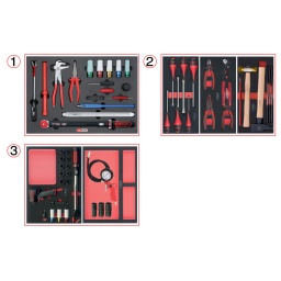 Assortiment complet pour le travail sur les roues, jantes et enjoliveurs 
Pour le montage, le démontage et le gonflage des roues 
Empreinte des outils découpée au laser 
Résistant aux huiles et produits chimiques 
Mousse imputrescible 

