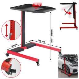 2-en-1&nbsp;: utilisable comme table de travail ou chariot de transport (avec couverture de sol 160.0216)
Protection efficace contre les chocs sur tous les montants importants pour prot&eacute;ger les endroits sensibles tels que la carrosserie et les jantes
La table de travail se replie &agrave; 90&deg; vers le bas
R&eacute;glable en hauteur sur 15&nbsp;positions (niveaux&nbsp;: 25&nbsp;mm)
Structure soud&eacute;e stable
Man&oelig;uvre facile m&ecirc;me en cas de charge dynamique &eacute;lev&eacute;e
Convient aux v&eacute;hicules avec une garde au sol sup&eacute;rieure &agrave; 130&nbsp;mm
Roulettes sur roulements &agrave; billes, 4&nbsp;roulettes pivotantes, dont 2&nbsp;avec frein
Roulettes particuli&egrave;rement silencieuses
Charge maximale de la table de travail&nbsp;: 35&nbsp;kg
Charge statique maximale (avec couverture de sol 160.0216) de la plate-forme de sol&nbsp;: 200&nbsp;kg

